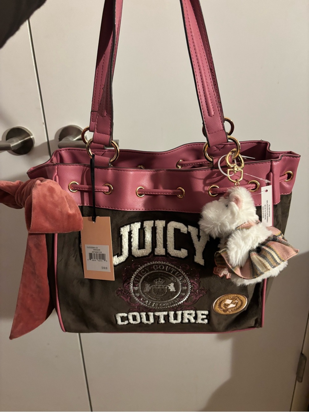 Juicy Couture university tote in chocolate Brown and pink Tote Bag with Charm